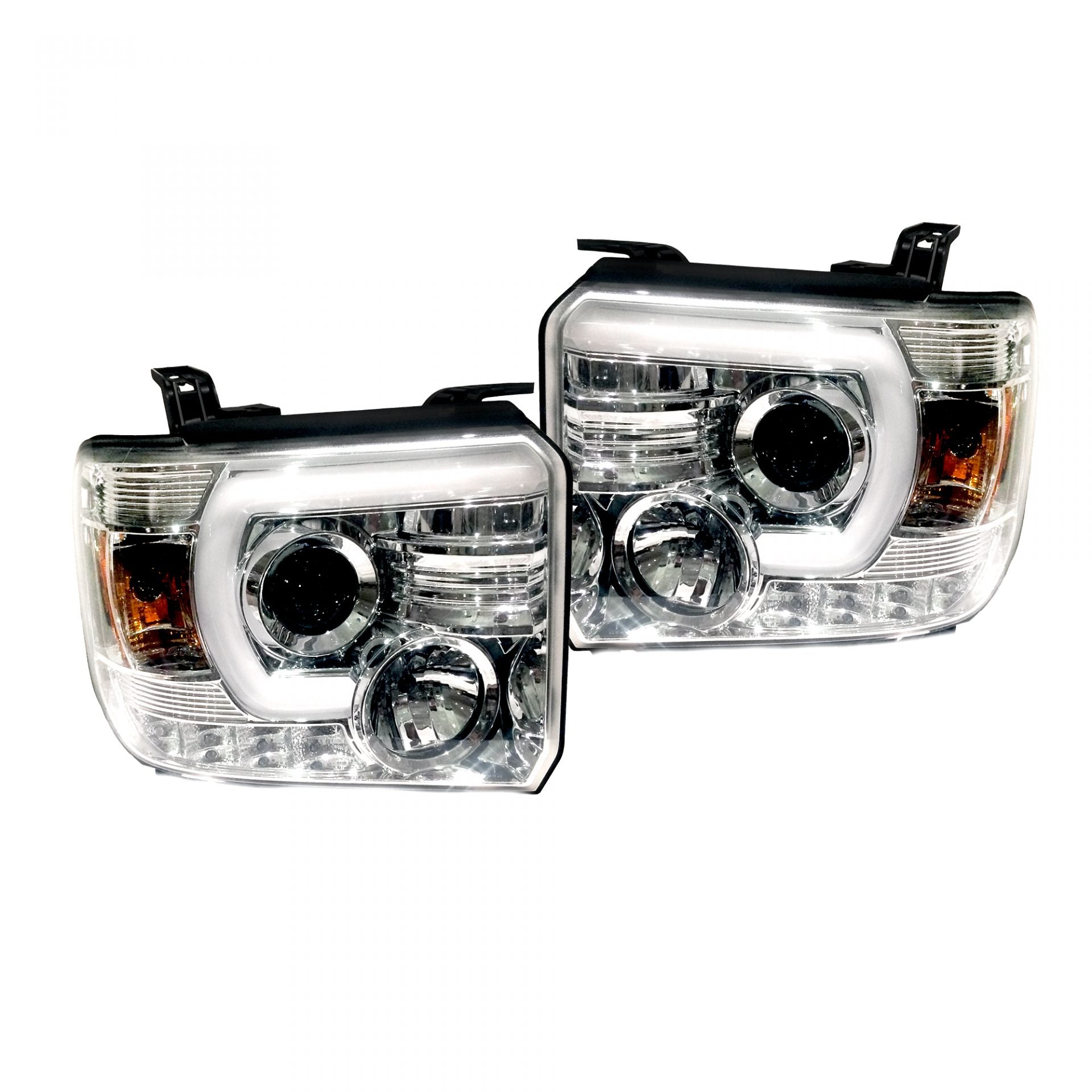 GMC Sierra 1500 14-18 & 2500/3500 14-19 Projector Headlights Smooth OLED Halos & DRL Clear/Chrome