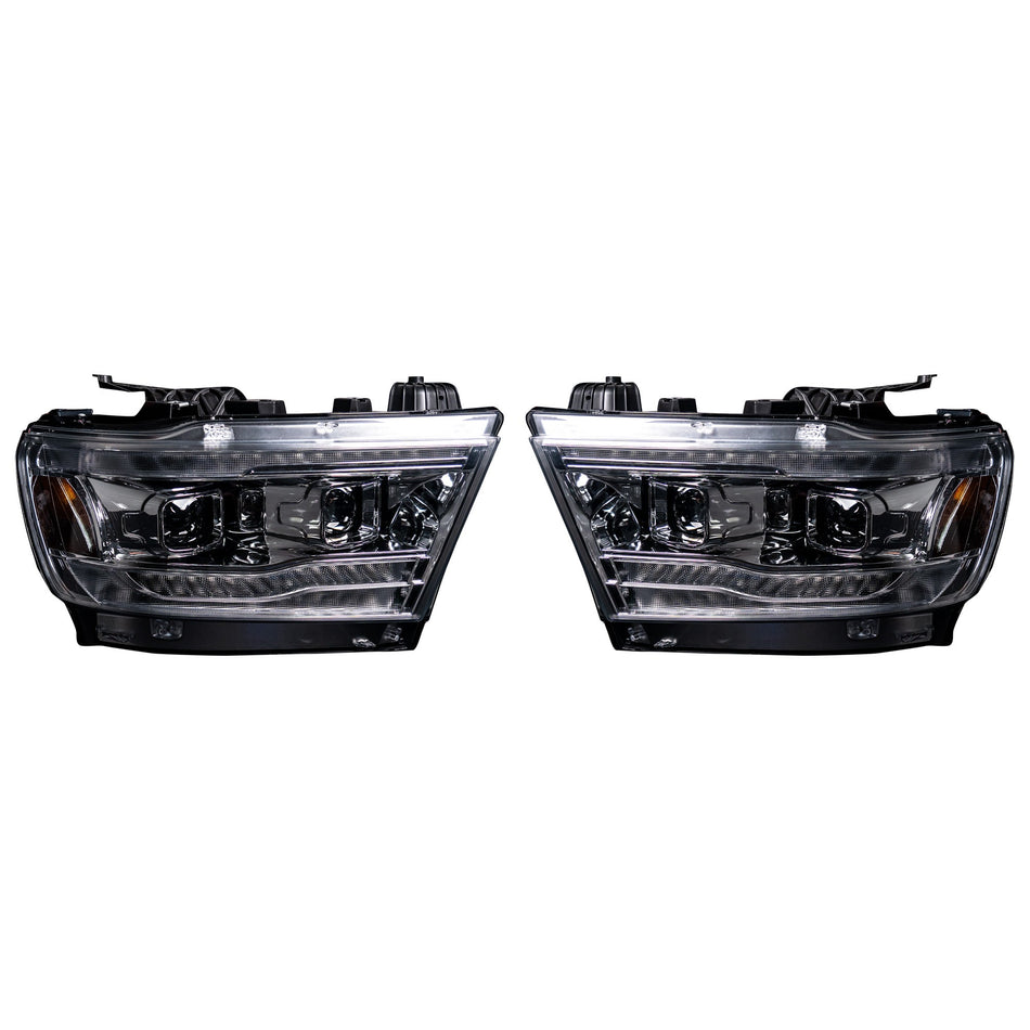 Dodge RAM 1500 19-23 5th Gen LED Hi & Low Beam Projector Headlights OLED DRL & Scanning Switchback LED Signals Clear / Chrome (Attn: Replaces OEM halogen headlights ONLY)