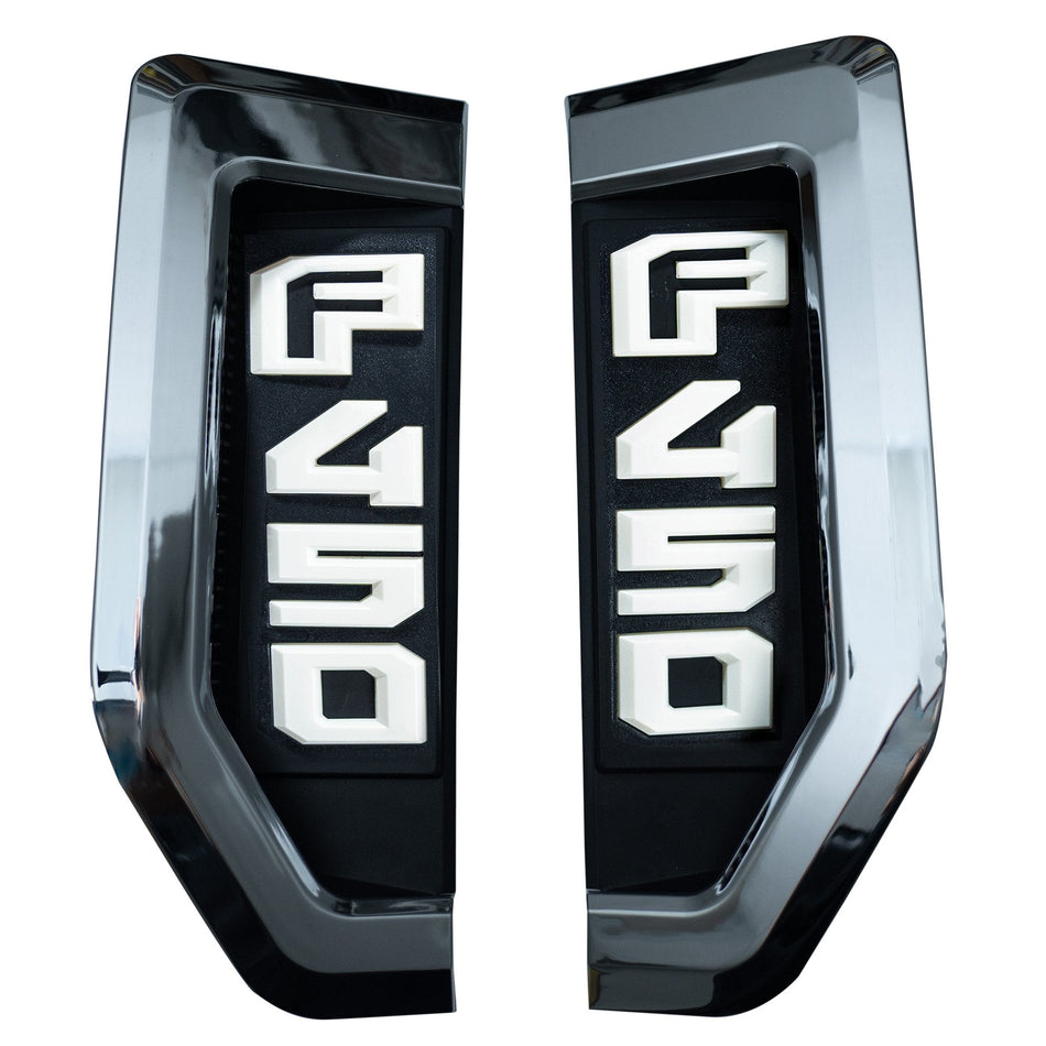 Ford F450 17-22 Illuminated Emblems in Chrome with Amber, Red, White & Blue LED