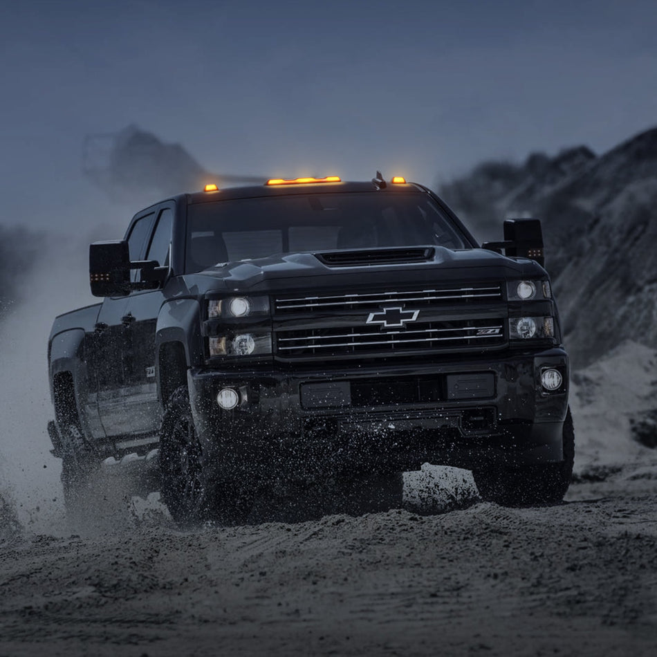 RECON Part # 264158CL - GMC & Chevy 20-24 (4th GEN Body Style) Heavy-Duty (3-Piece Set) Clear Cab Roof Light Lens with Amber LED’s - (Attn: This cab light kit replaces OEM factory installed cab roof lights)