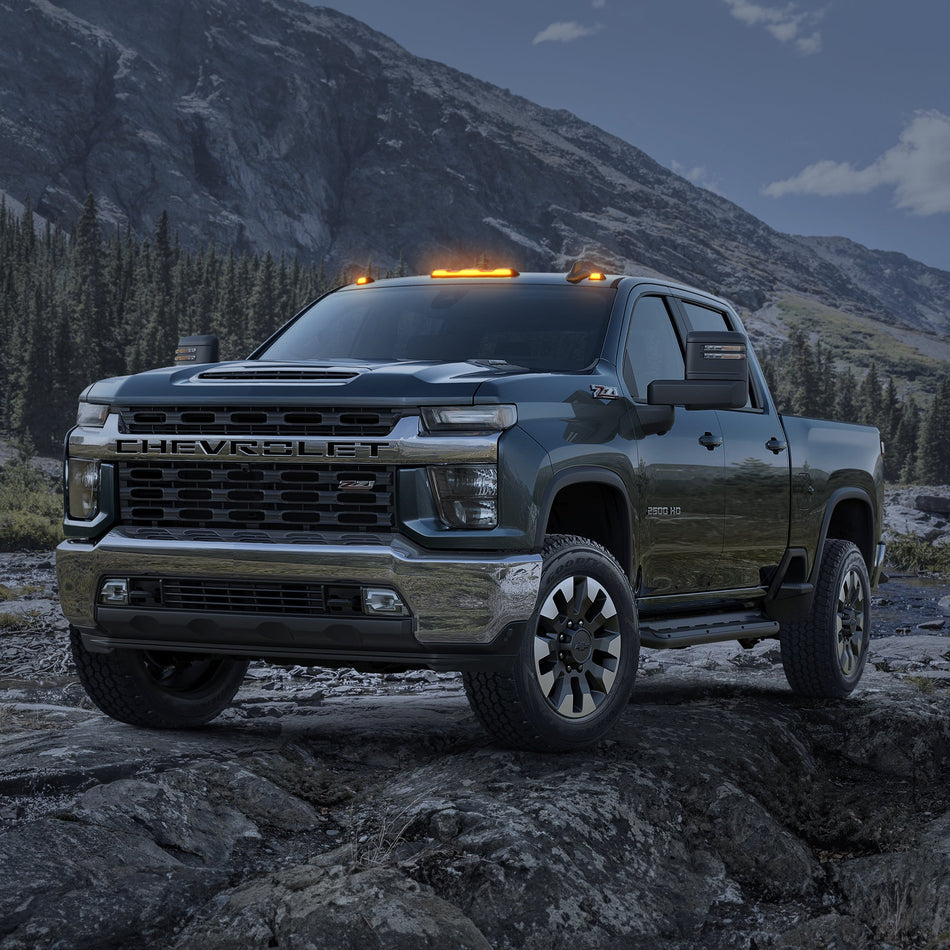 RECON Part # 264158BK - GMC & Chevy 20-24 (4th GEN Body Style) Heavy-Duty (3-Piece Set) Smoked Cab Roof Light Lens with Amber LED’s - (Attn: This cab light kit replaces OEM factory installed cab roof lights)