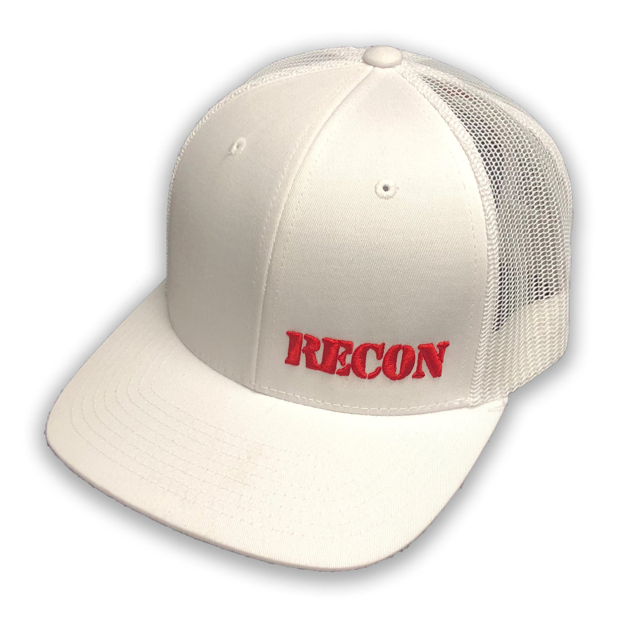 Red RECON Logo on White Trucker Hat