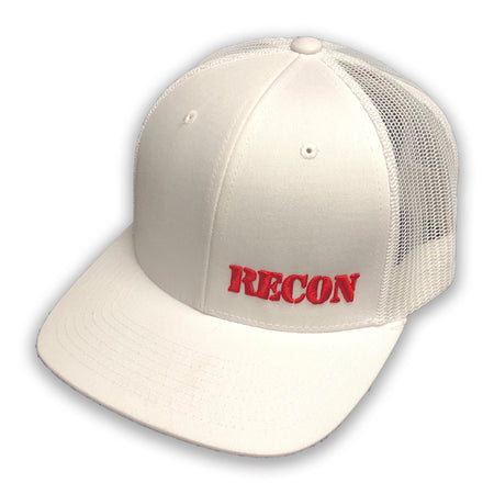 Red RECON Logo on White Trucker Hat