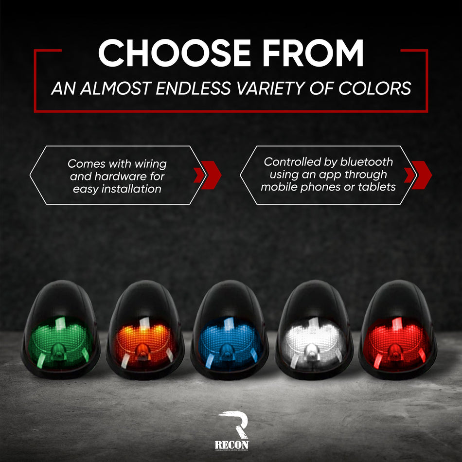 RECON Part # 264146BKRGB - Dodge RAM 03-18 Heavy-Duty 2500 & 3500 (5-Piece Set) Smoked Cab Roof Light Lens with RGB (Multi-Colored) High-Power LED's