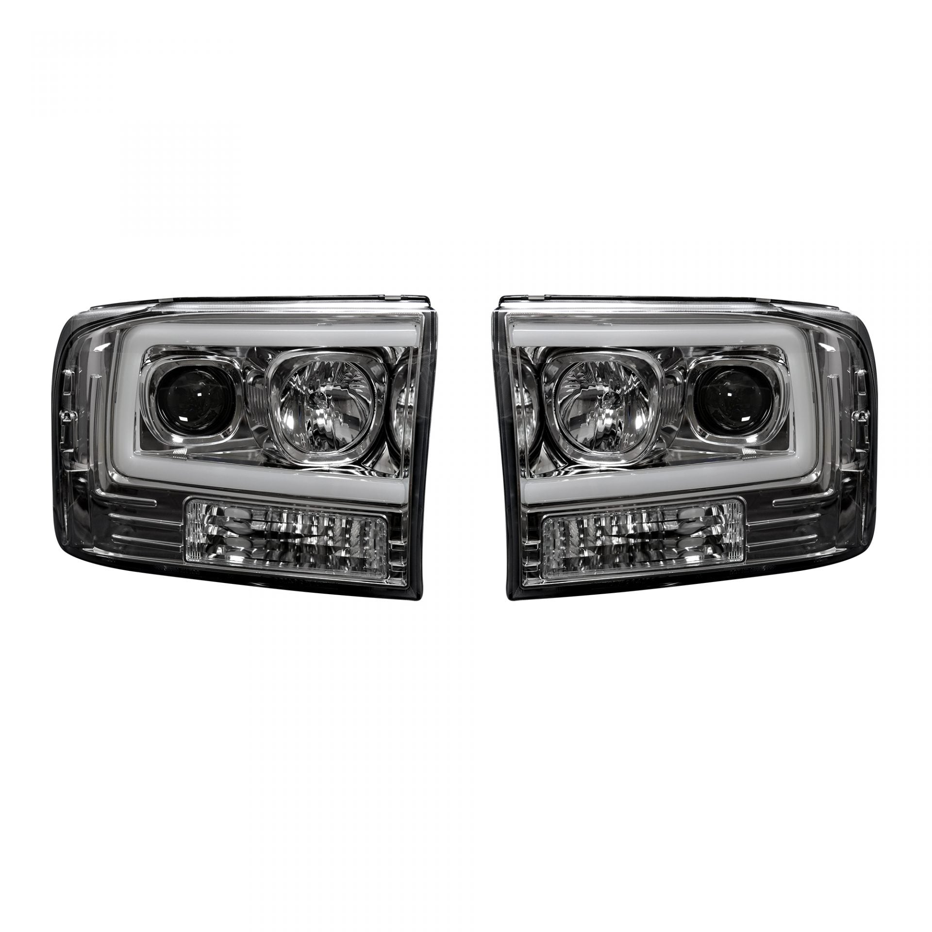 Ford Super Duty 99-04 Projector Headlights OLED Halos &amp; DRL in Clear/Chrome