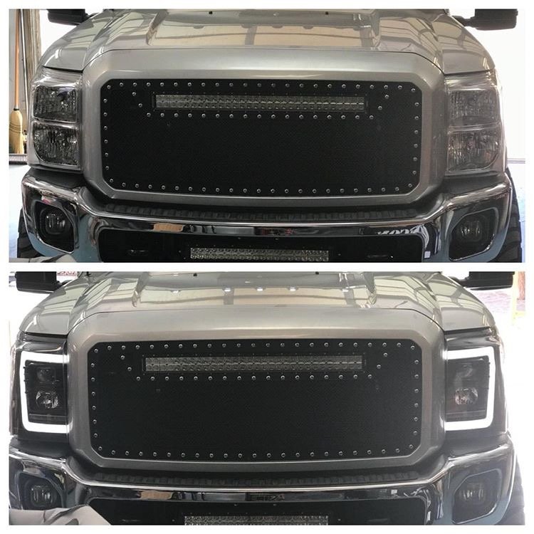 Ford Super Duty F250/350/450/550 11-16 Projector Headlights OLED Halos &amp; DRL Smoked/Black