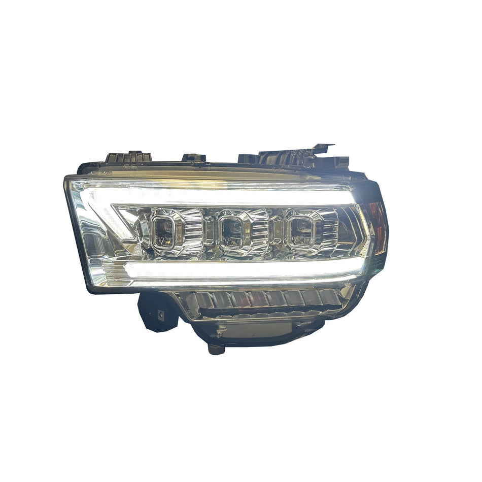 Dodge RAM 19-23 2500/3500 5th GEN Body Style w/ OEM Halogen & Standard Reflector Housing - LED PROJECTOR HEADLIGHTS w/ Ultra High Power Smooth OLED DRL & SCANNING SWITCHBACK High Power Amber LED Turn Signals - Clear / Chrome